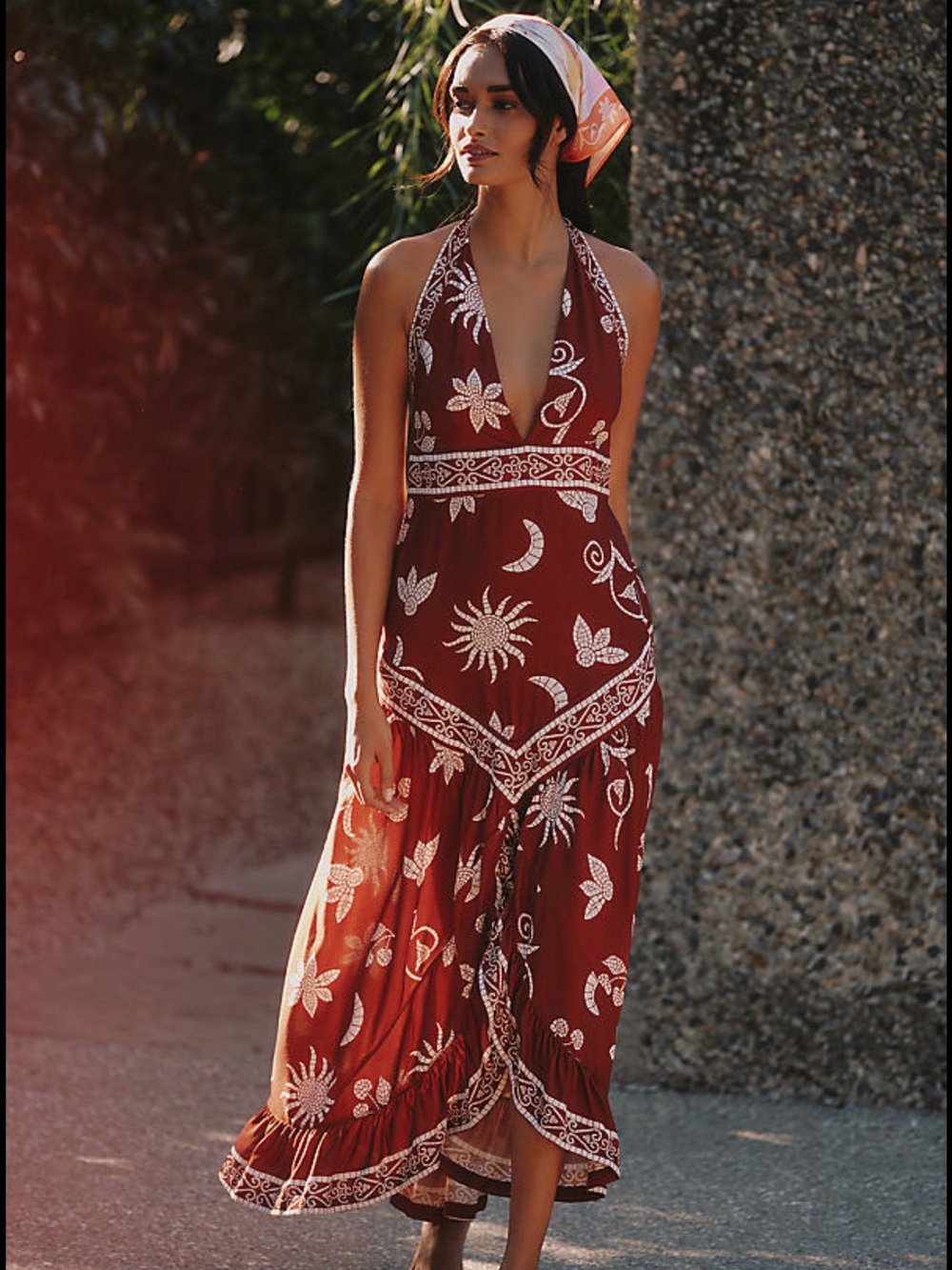 Halter Maxi Dress in Rust with White Print Anthropologie xs NWT